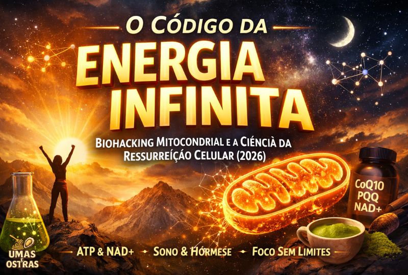 "Infográfico artístico de biohacking mostrando uma mitocôndria humana brilhante em destaque, um frasco de suplemento com CoQ10, PQQ e NAD+, uma pessoa celebrando ao nascer do sol nas montanhas e elementos de laboratório, simbolizando a ciência da energia celular infinita em 2026."