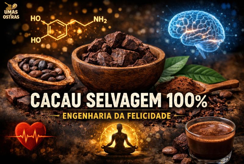 Cacau Selvagem 100%: Engenharia da Felicidade, Foco e Soberania Dopaminérgica (2026) Cacau selvagem 100% em composição realista com grãos, pó e bebida quente, representando foco mental, energia estável, felicidade bioquímica e saúde cerebral em 2026