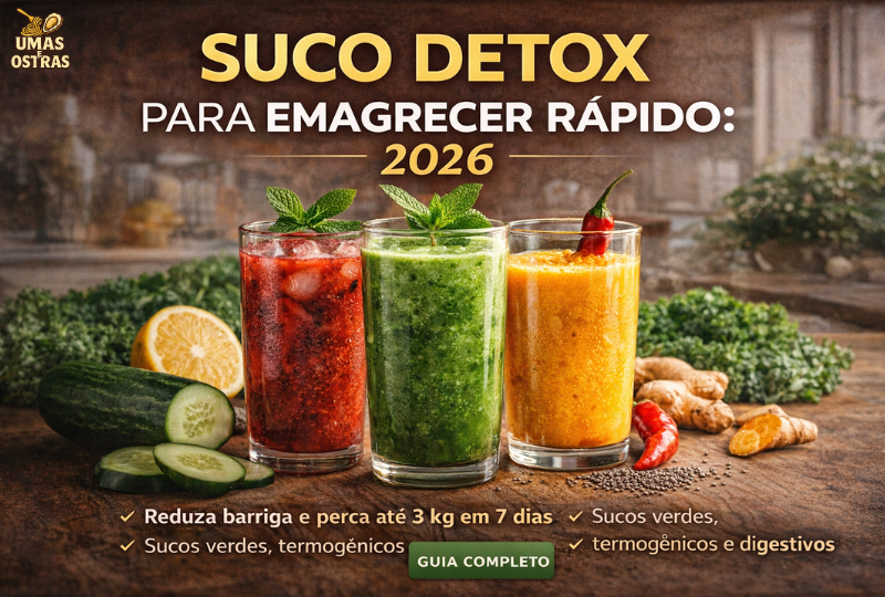 Três sucos detox naturais de cores verde, vermelho e amarelo com ingredientes frescos como pepino, limão, gengibre e hortelã sobre mesa rústica