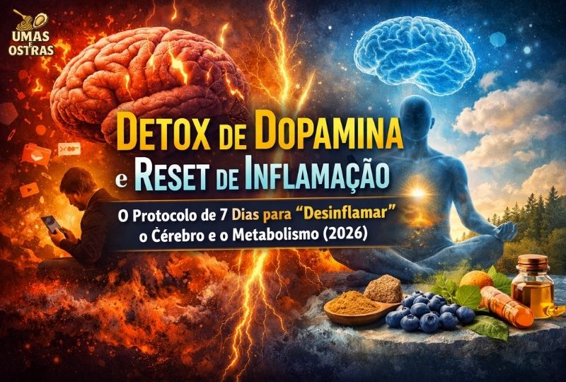 IInfográfico sobre Detox de Dopamina e Reset de Inflamação Cerebral em 2026, mostrando a diferença entre um cérebro inflamado por telas e um cérebro saudável com nutrição de frutas roxas e suplementação.
