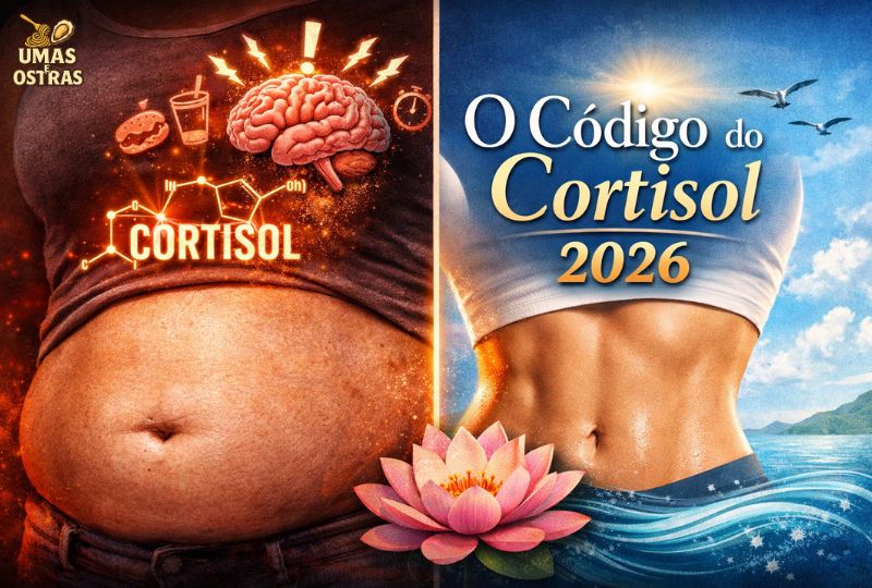 Infográfico sobre o ciclo do cortisol e gordura abdominal em 2026, mostrando suplementação de Ashwagandha e Picolinato de Cromo.