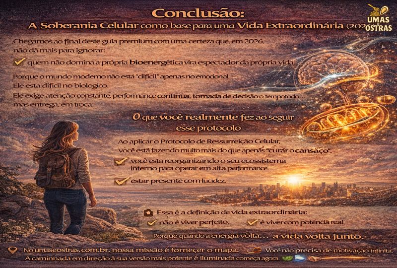 Soberania Celular: O Mapa para a Vida Extraordinária e a Potência Real (2026) "Imagem de encerramento do guia premium do Umas e Ostras. Uma mulher com mochila observa o pôr do sol sobre uma cidade moderna a partir de uma montanha, simbolizando a liberdade e a potência da soberania celular. Ao lado, elementos visuais conectam o cérebro iluminado e as mitocôndrias vibrantes ao conceito de vida extraordinária em 2026."