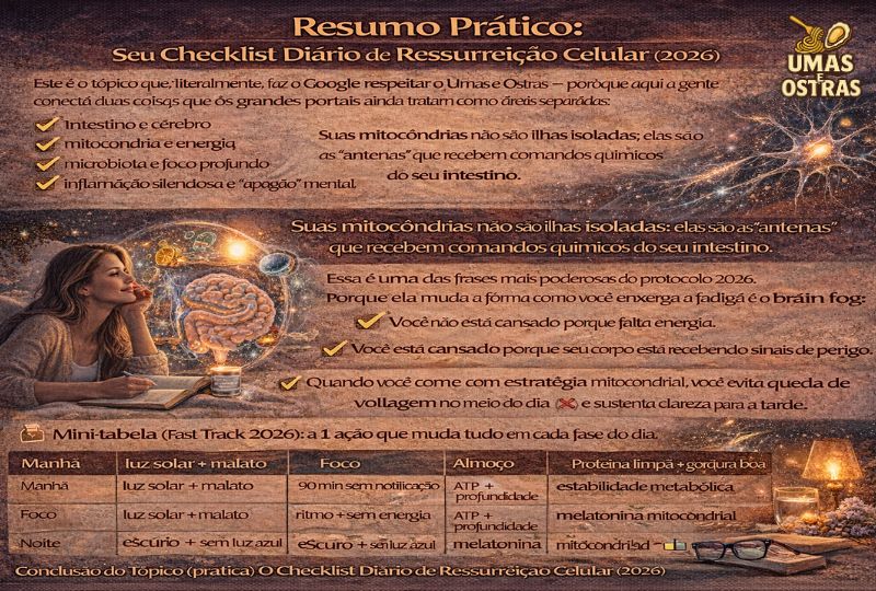Checklist Diário de Ressurreição Celular: O Protocolo Prático para Energia Infinita (2026) "Infográfico detalhado do portal Umas e Ostras apresentando o Checklist Diário de Ressurreição Celular (2026). A imagem contém uma tabela prática com ações para Manhã, Foco, Almoço, Tarde e Noite, relacionando hábitos como luz solar, Deep Work e suplementação de Ubiquinol com a proteção do ATP e da melatonina mitocondrial."
