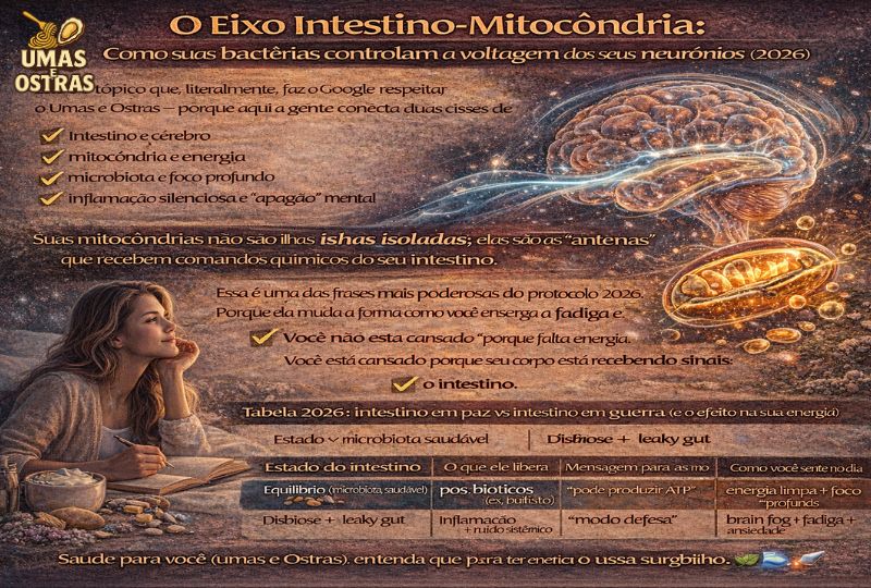 Eixo Intestino-Mitocôndria: O Interruptor Biológico da sua Energia Mental (2026) "Infográfico do portal Umas e Ostras sobre o Eixo Intestino-Mitocôndria. A imagem mostra um cérebro iluminado conectado a uma mitocôndria brilhante, uma mulher estudando com clareza mental e uma tabela comparativa entre 'intestino em paz' (pós-bióticos e energia limpa) versus 'intestino em guerra' (inflamação e brain fog) em 2026."