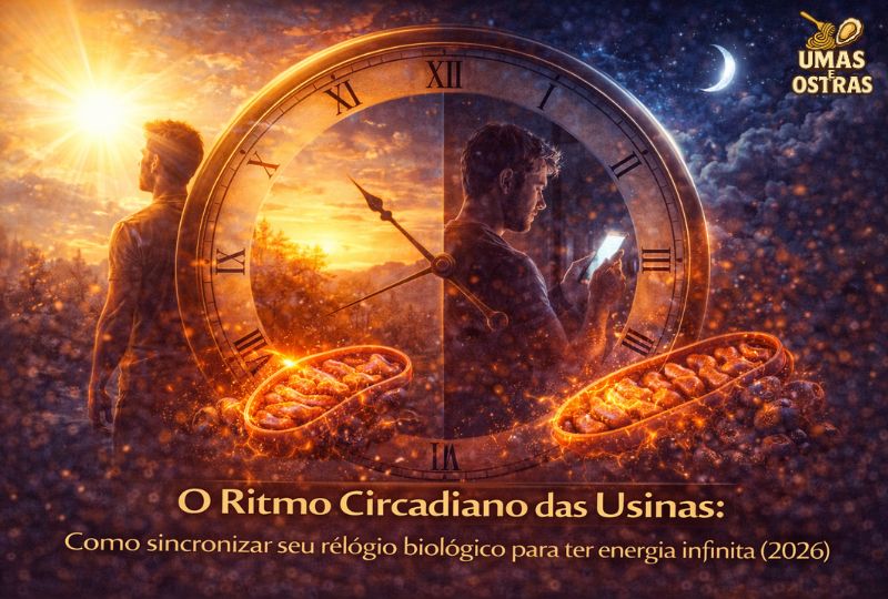 Ritmo Circadiano Mitocondrial: Como Sincronizar sua Biologia para ter Energia Infinita (2026) "Infográfico técnico-artístico do portal Umas e Ostras mostrando um homem dividido entre o dia (sol e alerta) e a noite (lua e reparo celular). Um relógio romano ao fundo simboliza o ritmo circadiano, conectando as fases do dia ao brilho das mitocôndrias e à produção de ATP em 2026."
