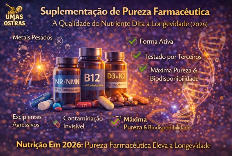 Ilustração realista de suplementos de grau farmacêutico (NR/NMN, B12 metilcobalamina e D3 + K2) com destaque para pureza, biodisponibilidade e proteção do DNA, simbolizando suplementação de elite para longevidade cognitiva em 2026.