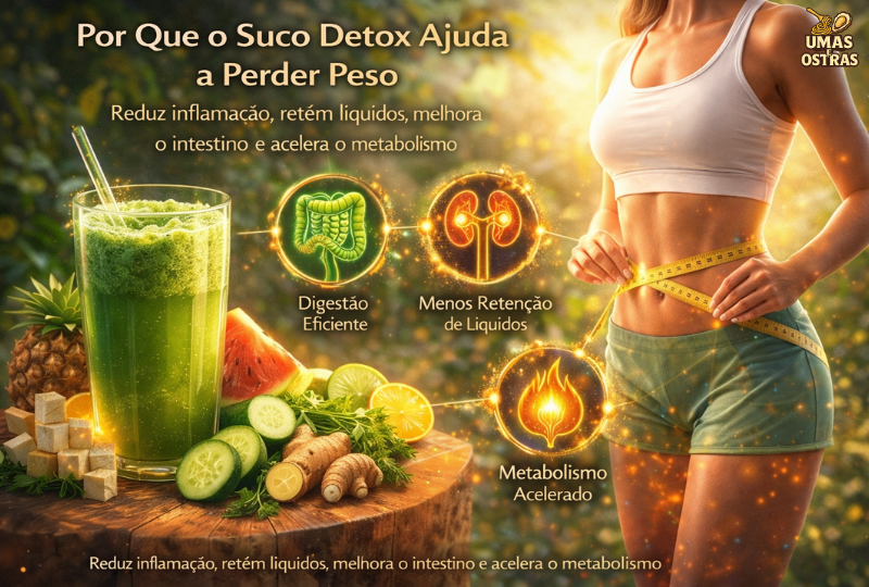 Suco detox verde com ingredientes naturais estimulando digestão, redução de inchaço, eliminação de líquidos e aceleração do metabolismo para emagrecimento saudável.