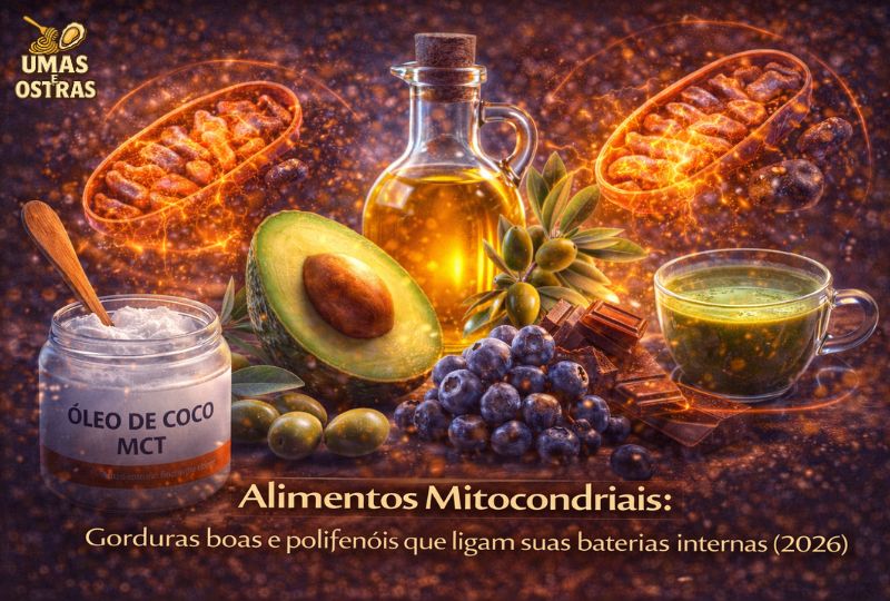 Nutrição Mitocondrial 2026: Gorduras de Elite e Polifenóis que Ativam seu Hardware Celular "Infográfico de nutrição funcional mitocondrial do portal Umas e Ostras em 2026. A imagem exibe alimentos de elite como abacate, mirtilos e azeite de oliva, contrastando com o conceito de 'combustível sujo' e destacando a ativação da via PGC-1$\alpha$ para biogênese e energia infinita."