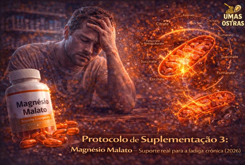 Magnésio Malato: O Suporte Real para a Fadiga Crônica e a Vitalidade Corporal (2026) "Infográfico do portal Umas e Ostras comparando o cansaço físico e mental com a solução do Magnésio Malato. A imagem destaca um homem saindo de um estado de exaustão para um estado de vitalidade, com foco no Ciclo de Krebs e na produção de ATP mitocondrial em 2026."