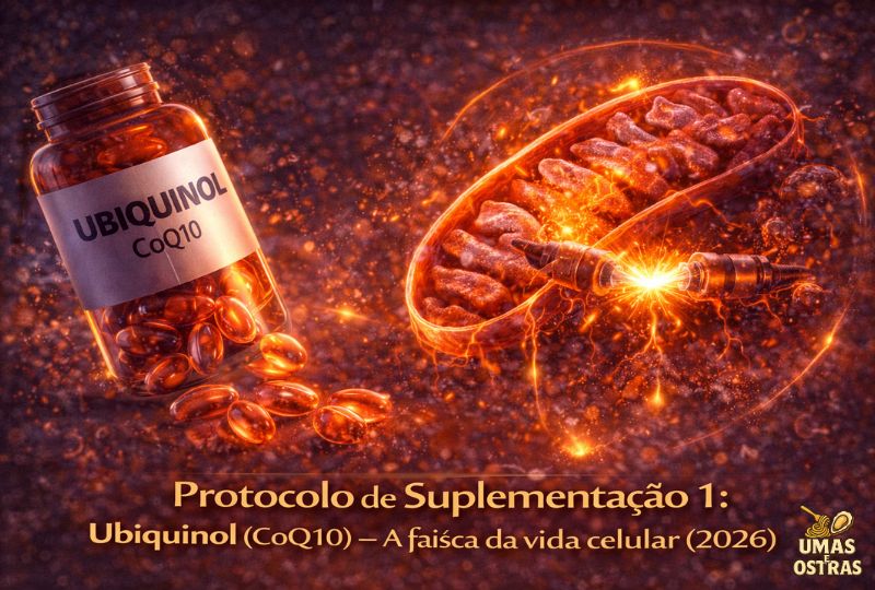 Ubiquinol (CoQ10) em 2026: A Faísca que Ativa a Ignição da sua Energia Mental "Infográfico técnico do portal Umas e Ostras apresentando o Ubiquinol como a faísca da vida celular. A imagem mostra um frasco de suplemento de CoQ10, o processo químico de geração de ATP no Ciclo de Krebs dentro da mitocôndria e um cérebro iluminado em estado de alta performance cognitiva em 2026."