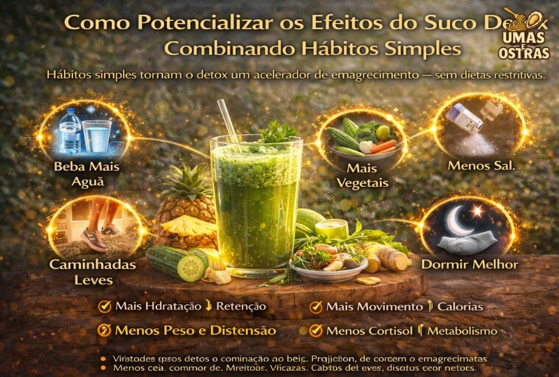 Ilustração colorida mostrando suco detox verde cercado por hábitos saudáveis como beber água, caminhar, dormir bem e consumir mais vegetais para acelerar o emagrecimento