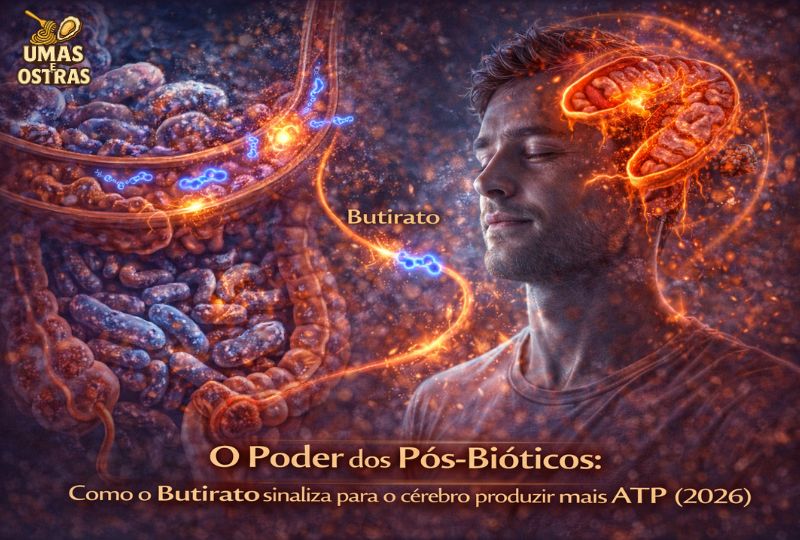 Pós-Bióticos e ATP: Como o Butirato Sinaliza Energia Máxima para seu Cérebro (2026) "Infográfico técnico-artístico do portal Umas e Ostras mostrando a conexão entre o intestino e o cérebro. À esquerda, uma microbiota rica em atividade; à direita, um homem em estado de meditação profunda com mitocôndrias brilhando em seu córtex. O texto em destaque explica como o Butirato sinaliza para o cérebro produzir mais ATP e energia infinita em 2026."