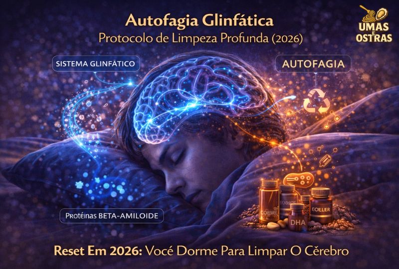 Ilustração realista de uma pessoa dormindo enquanto o cérebro ativa o sistema glinfático e a autofagia, realizando a limpeza profunda de resíduos neurais e reciclagem celular durante o sono profundo, conceito de longevidade cognitiva em 2026.