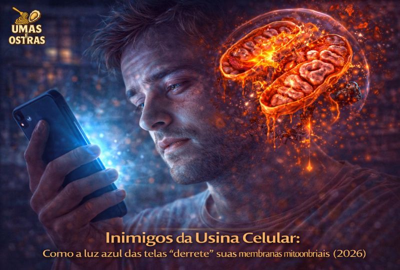 Luz Azul e Fadiga Mitocondrial: Por que as Telas estão "Derretendo" seu Foco (2026) "Imagem conceitual de um homem usando um smartphone no escuro com luz azul intensa no rosto, enquanto uma ilustração de mitocôndrias em chamas e derretendo aparece acima de sua cabeça, simbolizando o impacto da luz artificial na usina celular em 2026."