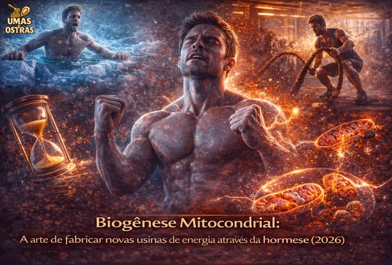 Biogênese Mitocondrial: Como Construir Novas Usinas de Energia através da Hormese (2026) "Infográfico de biohacking do Umas e Ostras mostrando um homem em três estados de desafio hormético: mergulhando no gelo, realizando treino de força com cordas navais e em estado de foco com mitocôndrias brilhantes ao fundo. Ao lado, uma ampulheta de luz simboliza o tempo de reparo e biogênese mitocondrial em 2026."