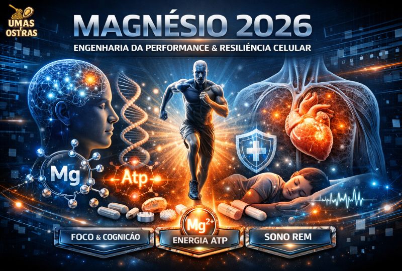 Ilustração futurista mostrando cérebro, coração, atleta e símbolo do magnésio representando foco, energia ATP e sono REM em 2026.