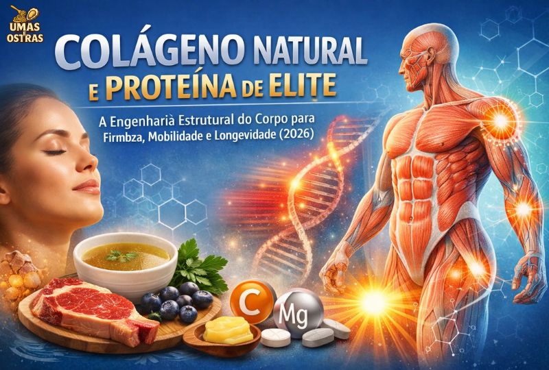 Ilustração sobre colágeno natural, proteína de elite e engenharia estrutural do corpo humano para firmeza, mobilidade e longevidade em 2026