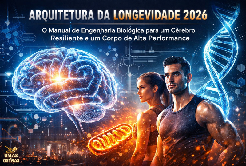 Visual futurista de cérebro, DNA e corpo atlético representando engenharia biológica e longevidade funcional em 2026