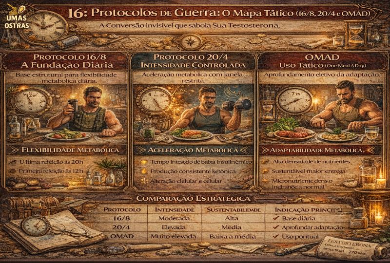 Infográfico premium em formato 800x540 com o número 16 em destaque no topo, ilustrando três estratégias de jejum intermitente (16/8, 20/4 e OMAD) como um mapa tático metabólico, com elementos visuais como relógios, refeições estruturadas e quadro comparativo de intensidade, sustentabilidade e indicação.