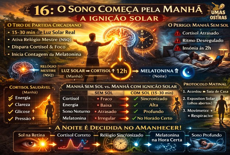 Infográfico em estilo cinematográfico mostrando o nascer do sol iluminando uma pessoa ao ar livre. Ao lado, ilustração de um olho conectado ao cérebro com destaque para o Núcleo Supraquiasmático (Relógio Mestre). Um gráfico circular de 24 horas exibe a relação entre cortisol pela manhã e melatonina à noite. Há também uma tabela comparando “Manhã sem Sol” versus “Manhã com Sol”, evidenciando impacto no pico de cortisol, energia matinal e qualidade do sono.