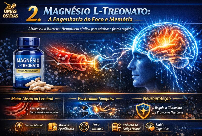 A única forma de magnésio projetada para atravessar a Barreira Hematoencefálica e otimizar plasticidade sináptica, estabilidade elétrica e performance cognitiva sustentável.