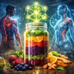 suco funcional de recuperação muscular com ingredientes naturais e composição antioxidante em ambiente futurista representando regeneração celular