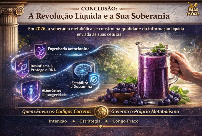 Jarra com suco roxo de frutas ricas em antocianinas simbolizando soberania metabólica, nutrição líquida estratégica, redução da inflamação e ativação de longevidade em 2026.