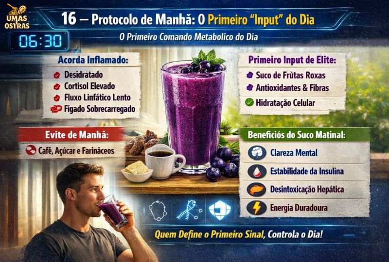 Suco matinal de frutas roxas como primeiro input metabólico do dia, promovendo hidratação celular, estabilidade da insulina, clareza mental e energia duradoura no protocolo de manhã em 2026.