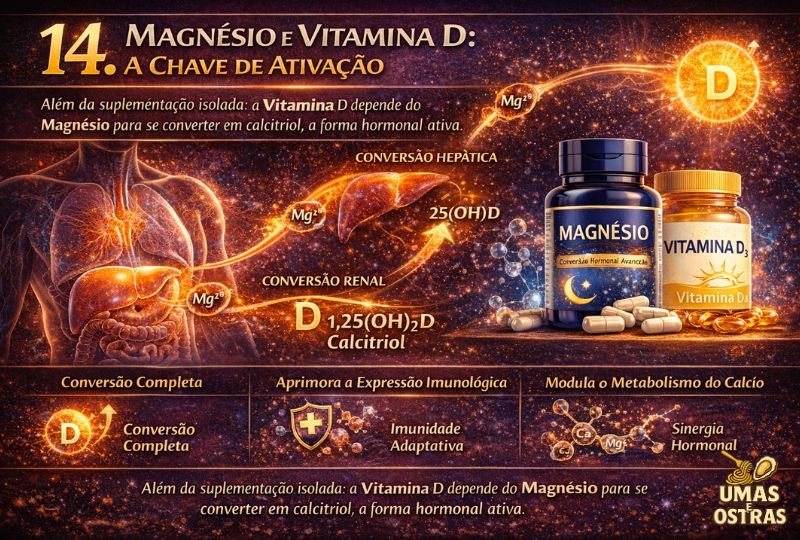 O papel do Magnésio na conversão da Vitamina D em calcitriol e na modulação do metabolismo do cálcio.