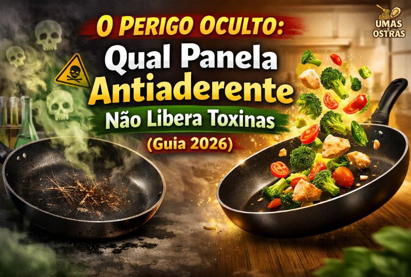 Comparação visual de uma panela antiaderente tóxica e riscada com fumaça verde e caveiras, contra uma panela cerâmica limpa e saudável com legumes frescos voando sob luz clara. Guia 2026.
