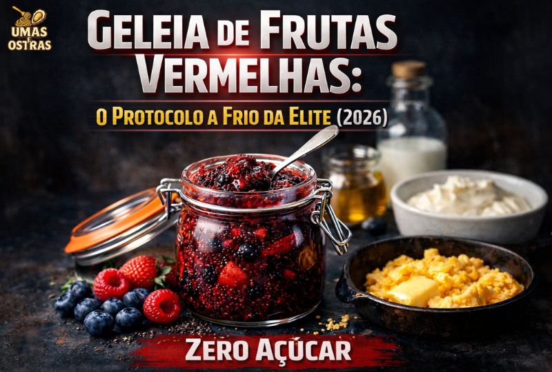 Pote de vidro hermético contendo a verdadeira geleia de frutas vermelhas funcional feita a frio com sementes de chia. Destaque para a textura rústica e real sem açúcar refinado, acompanhada de ovos mexidos e manteiga ghee ao fundo. Letreiros de destaque: Geleia de Frutas Vermelhas - O Protocolo a Frio da Elite (2026) - Zero Açúcar.