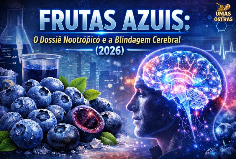 Ilustração de engenharia biológica exibindo mirtilos selvagens congelados e um cérebro humano com redes neurais ativadas em luz azul neon, representando o poder nootrópico e a neurogênese. Ao fundo, frascos de laboratório simbolizam a extração a frio de antocianinas. Contém o texto em destaque: "Frutas Azuis: O Dossiê Nootrópico e a Blindagem Cerebral (2026)".