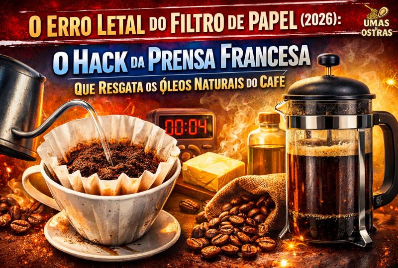 Comparativo visual de biohacking: do lado esquerdo, água quente sendo coada em um filtro de papel tradicional. Do lado direito, uma Prensa Francesa de metal extraindo café rico em óleos essenciais, ladeada por manteiga Ghee, óleo TCM e um cronômetro marcando exatos 4 minutos. Texto destacado: O Erro Letal e O Hack da Prensa Francesa para evitar o roubo dos óleos do café.