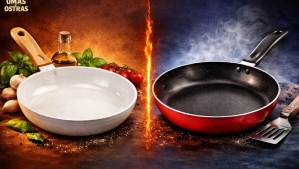 Comparação visual dramática de uma frigideira branca da Brinox Ceramic Life com ingredientes frescos e azeite contra uma frigideira vermelha da Tramontina Turim com vapor e uma espátula, com um VS flamejante no centro e o texto 'Qual a Melhor Panela de 2026?'. Guia Completo.