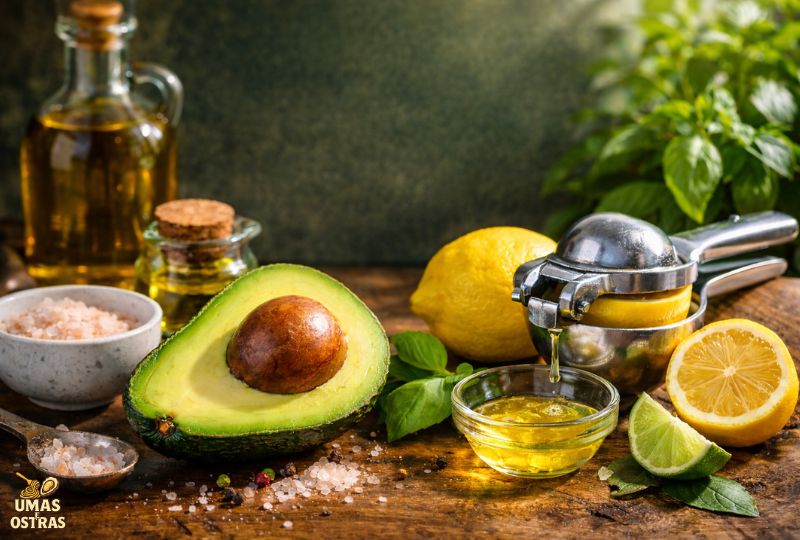 Abacate fresco com azeite extravirgem, limão espremido e sal marinho – combinação lipídica saudável para energia metabólica