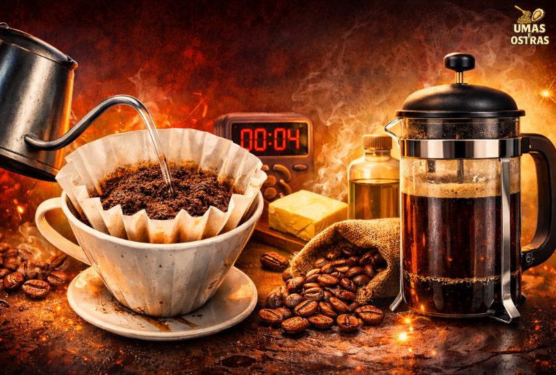 Preparo de café na Prensa Francesa com grãos frescos, moagem manual e extração rica em óleos naturais