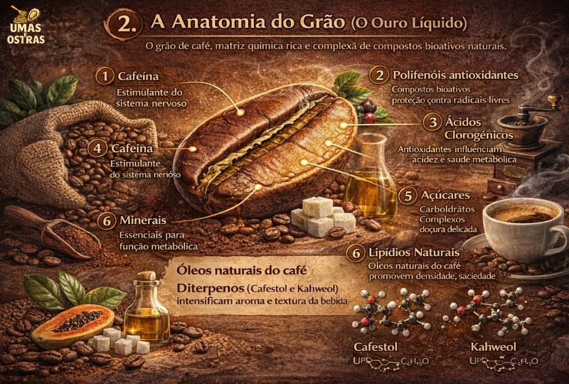 Infográfico detalhado mostrando um grão de café cortado ao meio. Aponta as camadas internas contendo cafeína, polifenóis, ácidos clorogênicos e, no centro, os lipídios naturais (Diterpenos, Cafestol e Kahweol) que são retidos pelo filtro de papel.
