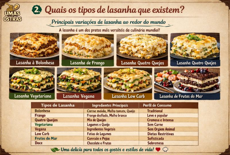 Infográfico com diferentes tipos de lasanha, incluindo bolonhesa, frango, vegetariana e doce