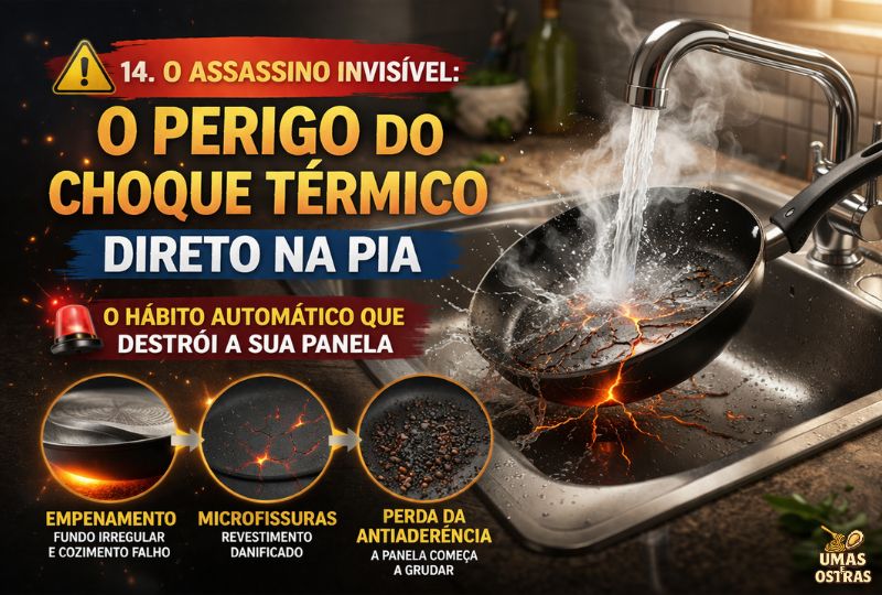 Infográfico tático do Guia 2026 mostrando uma panela antiaderente na pia sob água corrente, com o revestimento interno rachado em magma laranja. No topo, o texto '14. O ASSASSINO INVISÍVEL: O PERIGO DO CHOQUE TÉRMICO DIRETO NA PIA'. Três inserções circulares mostram close-ups dos danos: 1) fundo empenado, 2) microfissuras no revestimento, 3) perda da antiaderência com resíduos grudados. Um triângulo de alerta e luz vermelha piscante estão presentes.