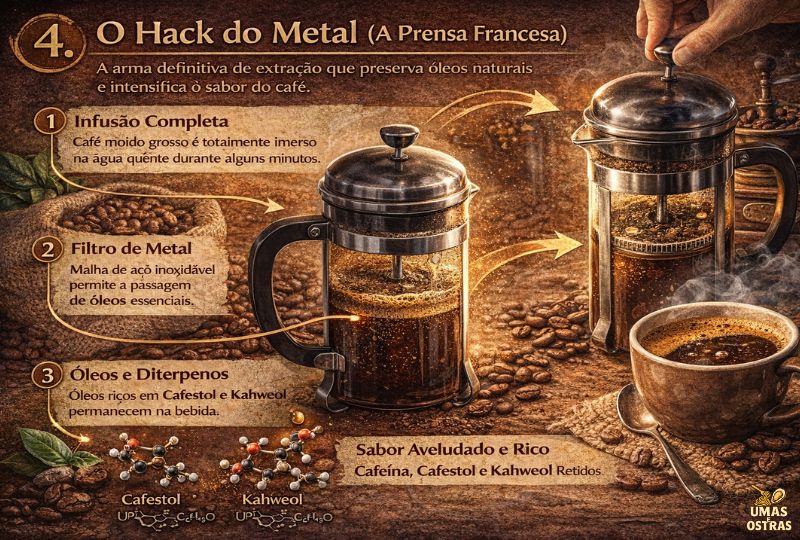 Infográfico da prensa francesa mostrando extração por infusão total e preservação dos óleos naturais do café