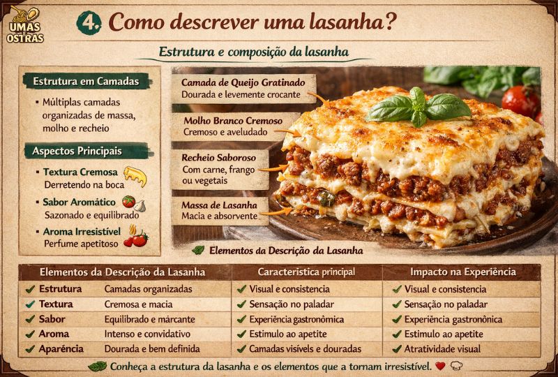 Infográfico mostrando a estrutura em camadas da lasanha e seus principais elementos como textura, sabor e aparência