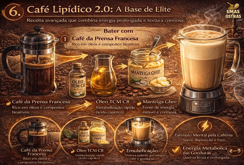 Infográfico mostrando preparo de café lipídico com prensa francesa, óleo TCM C8 e manteiga ghee batidos no liquidificador