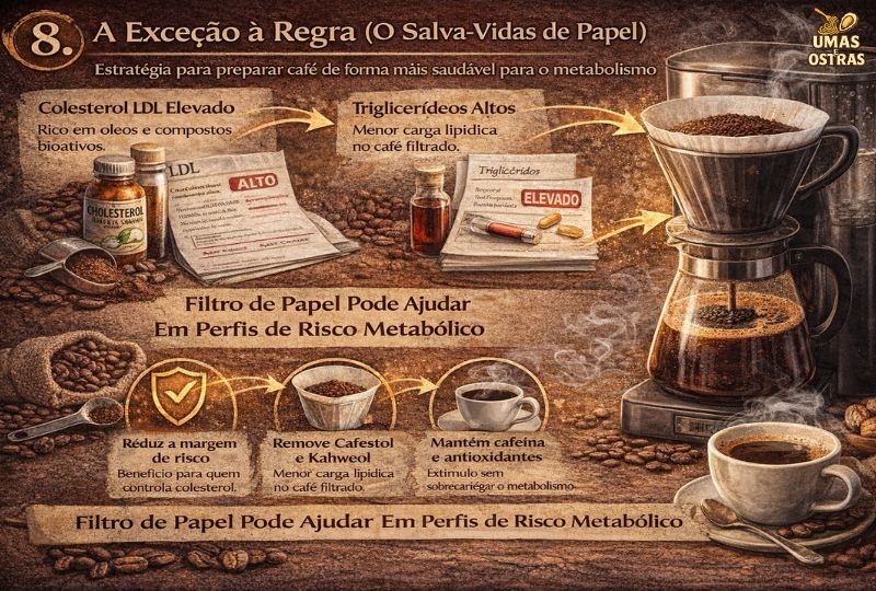 Infográfico mostrando café filtrado em papel reduzindo cafestol e kahweol para pessoas com colesterol LDL alto
