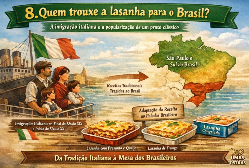 Infográfico sobre a chegada da lasanha ao Brasil por meio da imigração italiana e sua adaptação ao paladar brasileiro