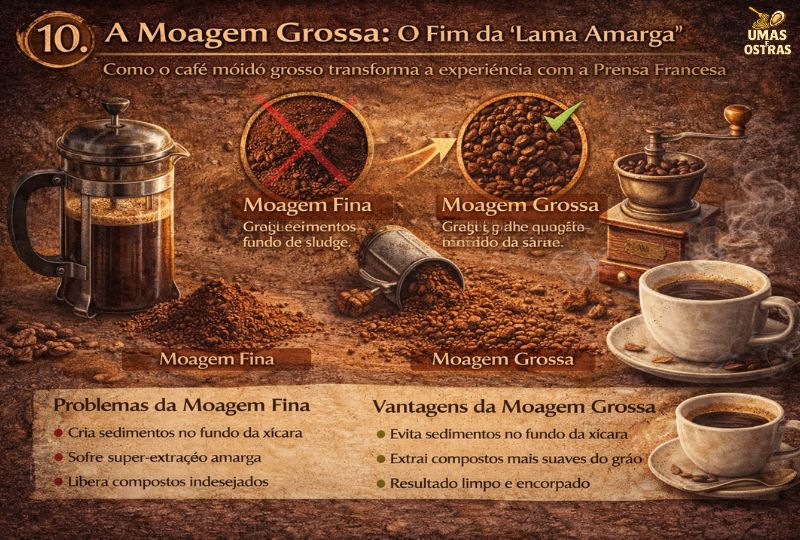 Infográfico comparando moagem fina e moagem grossa no preparo de café na prensa francesa