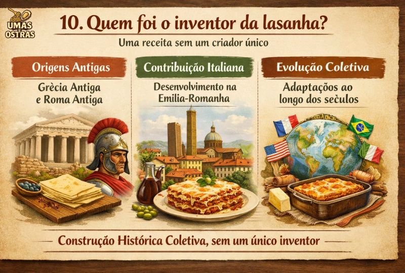 Infográfico explicando que a lasanha não possui um único inventor e sua evolução histórica coletiva
