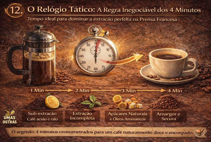 Infográfico mostrando a regra dos 4 minutos para extração ideal do café na prensa francesa