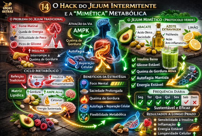 O Hack do Jejum Mimético: Ativação AMPK e Autofagia com o Protocolo Verde Infográfico detalhado de biohacking explicando o Jejum Mimético. Mostra o corpo humano ativando a via AMPK e a autofagia, e compara o ciclo metabólico de uma refeição tradicional (picos de glicose e insulina) com a Matriz Lipídica do Protocolo Verde (abacate, azeite e limão), que gera energia sustentada e queima de gordura contínua.