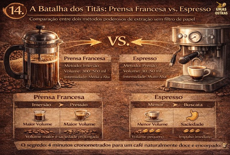 Infográfico comparando os métodos de café Prensa Francesa e Espresso, mostrando diferenças de extração, volume e intensidade