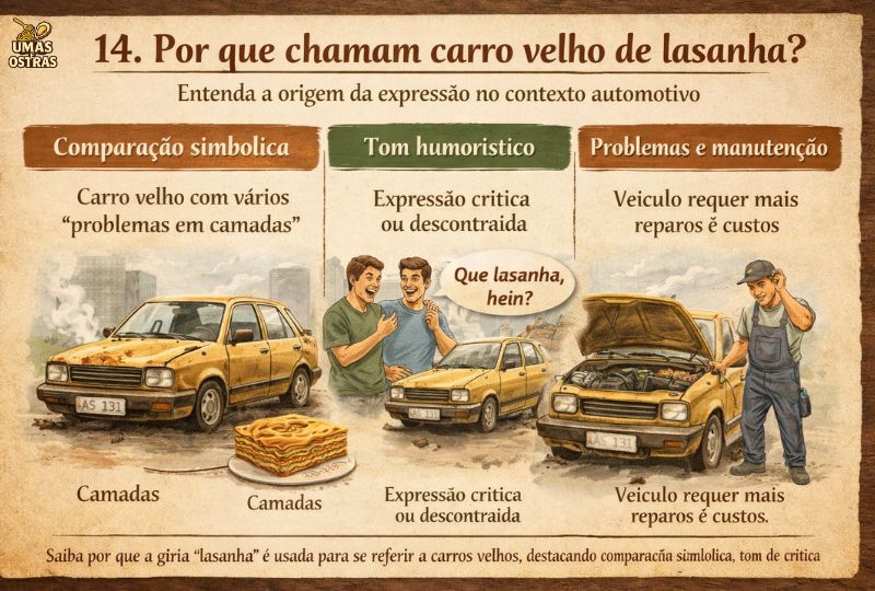 Infográfico explicando por que carros antigos ou com muitos problemas são chamados de “lasanha” na gíria